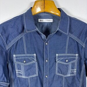 BKE Mens Standard Fit Short Sleeve Button Down Western Shirt Blue Large